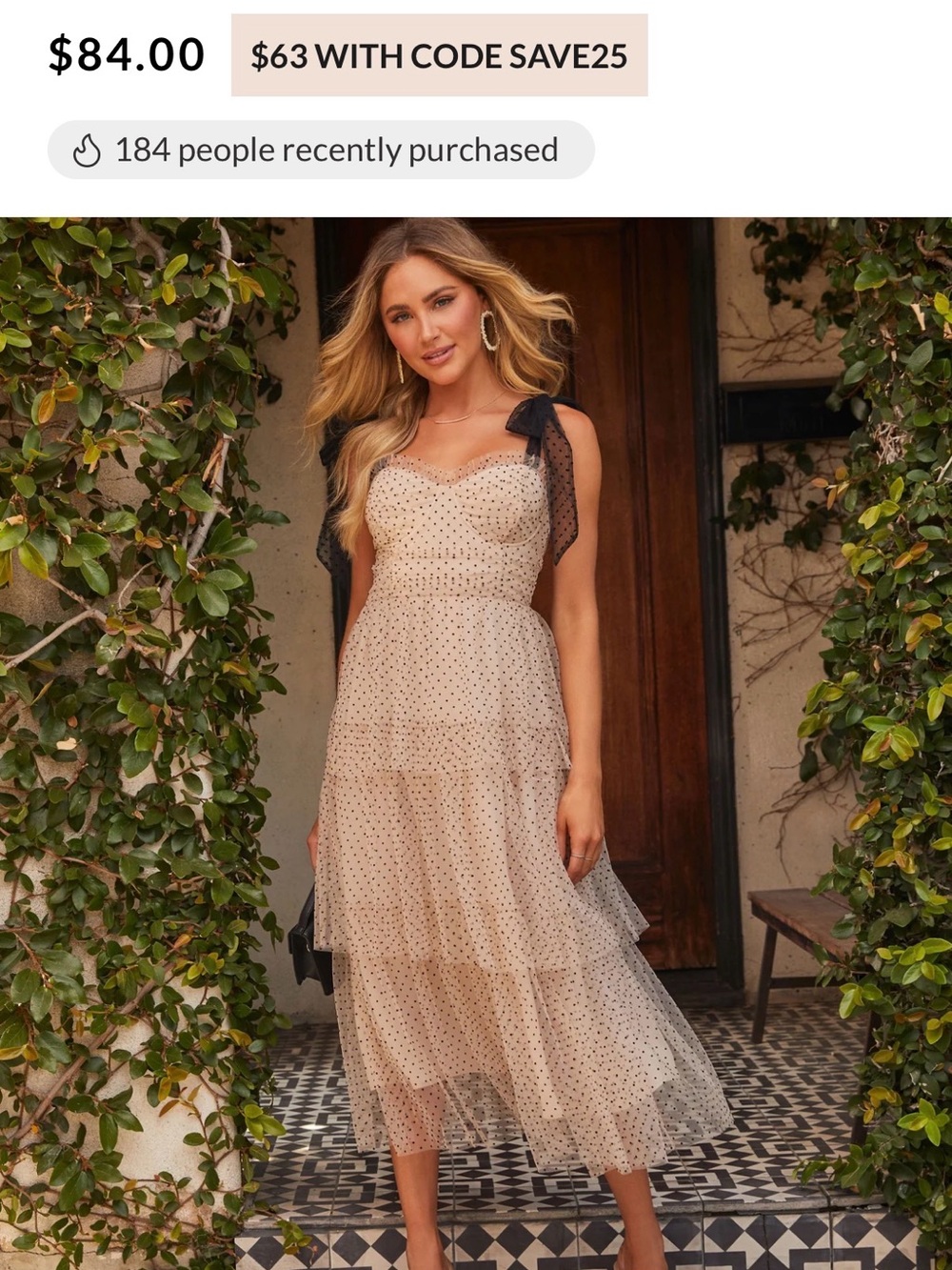 Vici Sweet Romance Tulle Tiered Midi Dress Polka Dots and Tie Shoulders